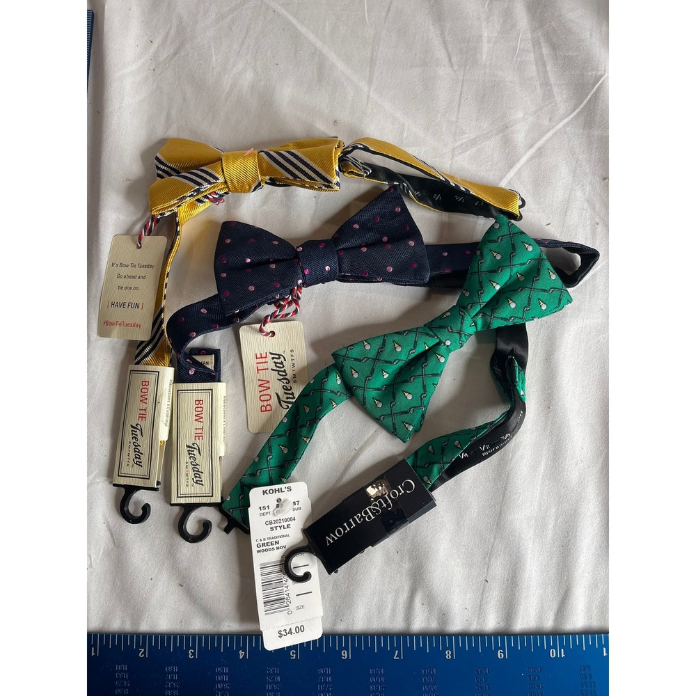 Lot of‎ 3 Croft & Barrow Bow Tie Tuesday Self-Tie Bow Ties Yellow Navy Green NEW